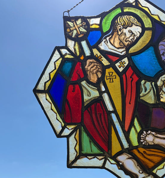 16" Tall Vintage Belgian Stained/Leaded Glass Panel of a Saint Healing the Blind