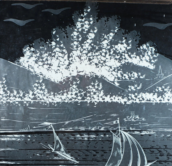 25" Tall Antique French Etched Glass Window Frosted Glass with Herons/Birds