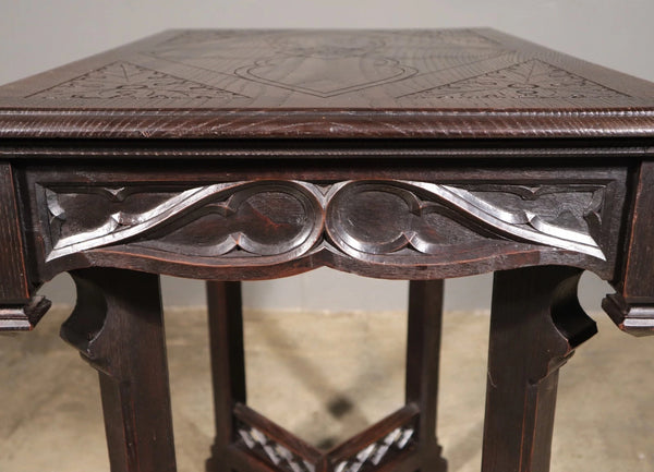 Antique French Gothic Revival Table in Solid Chestnut Wood With Carvings