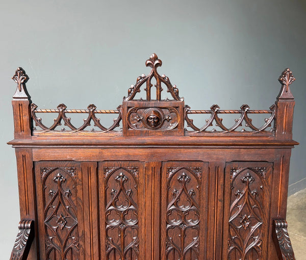 Antique French Gothic Revival Oak Wood Bench/Settee/Chair Highly Carved