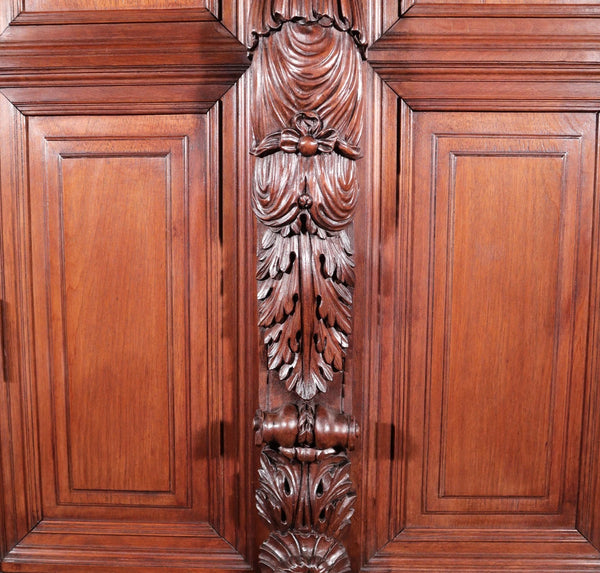 French Antique Solid Walnut Wood Neoclassical Gun Case/Cabinet with Carvings