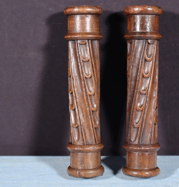 Pair of Antique French Gothic Revival Posts Carved Solid Chestnut Wood