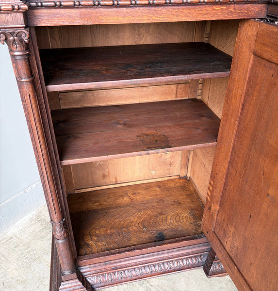 French Antique Solid Oak Wood Cabinet with Highly Carved Virgin Mary Door