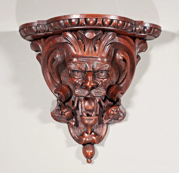 Pair of Large French Antique Lion Wall Sconces/Shelves in Solid Oak and Chestnut