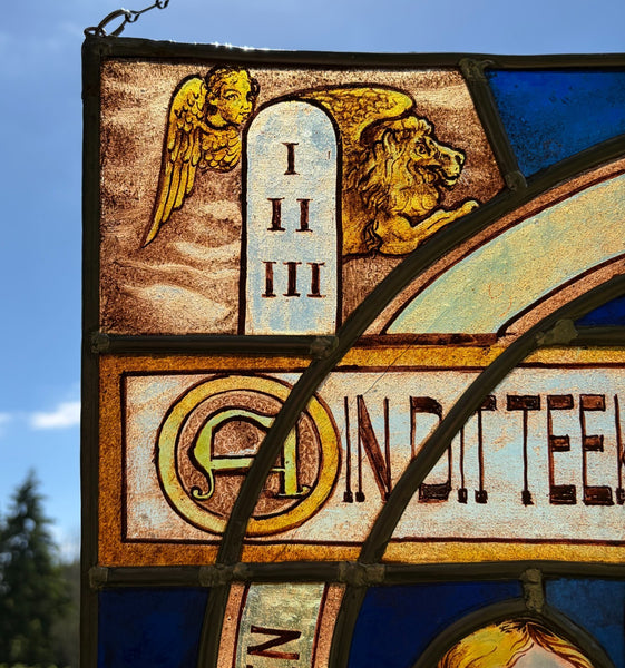 22" Wide Vintage Dutch Religious Stained/Leaded Glass Panel by Felix Bonner