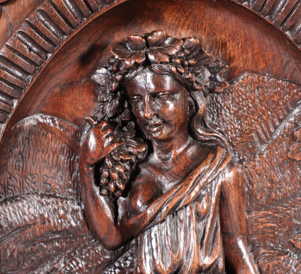 24" Tall Antique French Solid Oak Panel Highly Carved Harvest Theme w/Woman