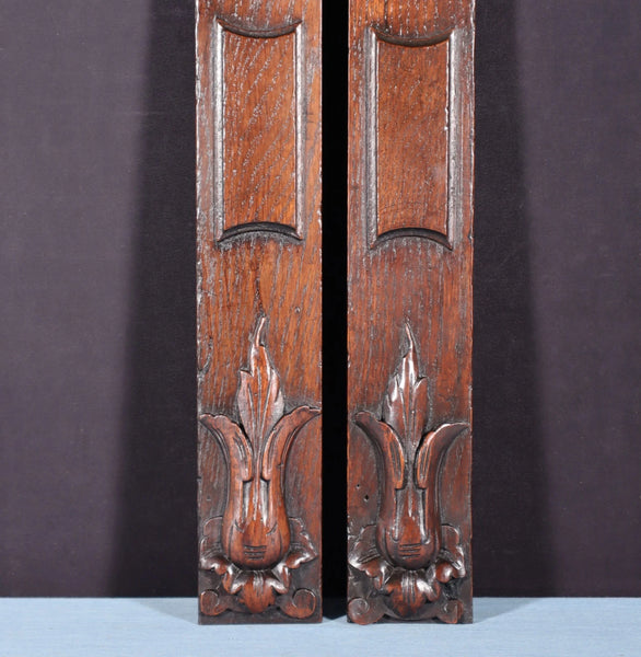 26" Tall Pair of French Antique Solid Oak Wood Highly Carved Wood Trim Posts