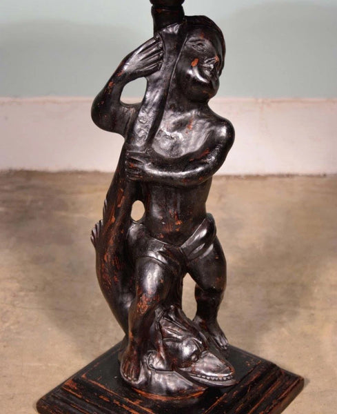 Vintage French Pedestal Table/Stand Black Lacquer Painted with Boy