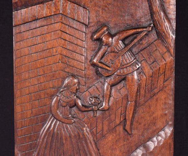 20" Tall Antique French Solid Mahogany Wood Carved Panel with Romantic Theme