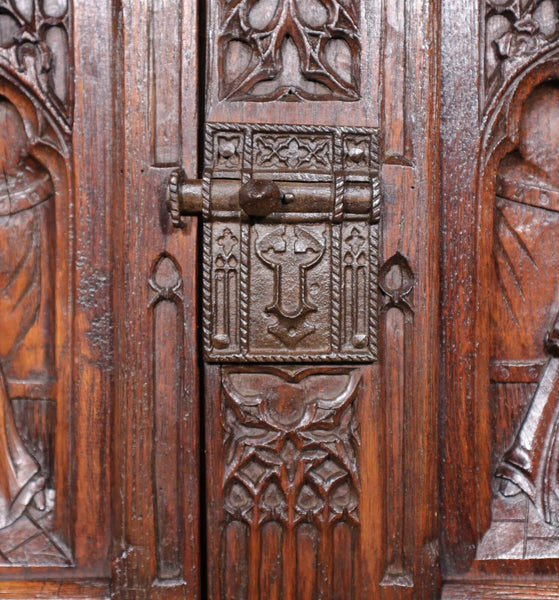 Antique French Gothic Revival Cabinet Highly Carved in Oak Wood w/Figures