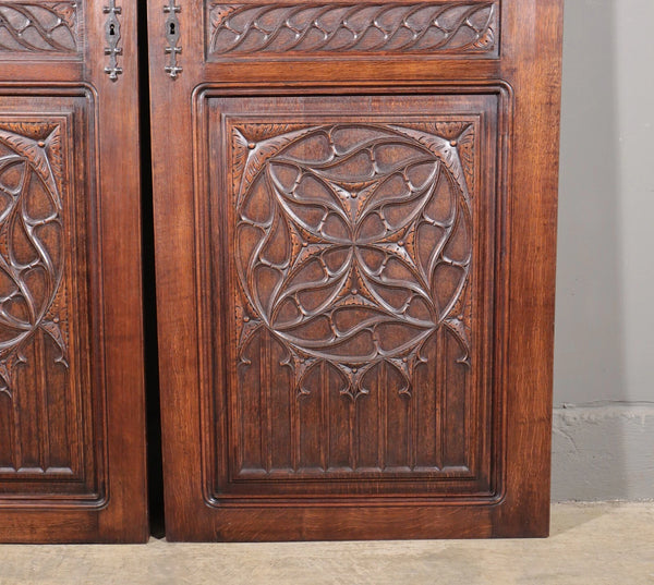 64" Tall Pair of French Antique Neo Gothic Cabinet Doors Solid Oak Wood
