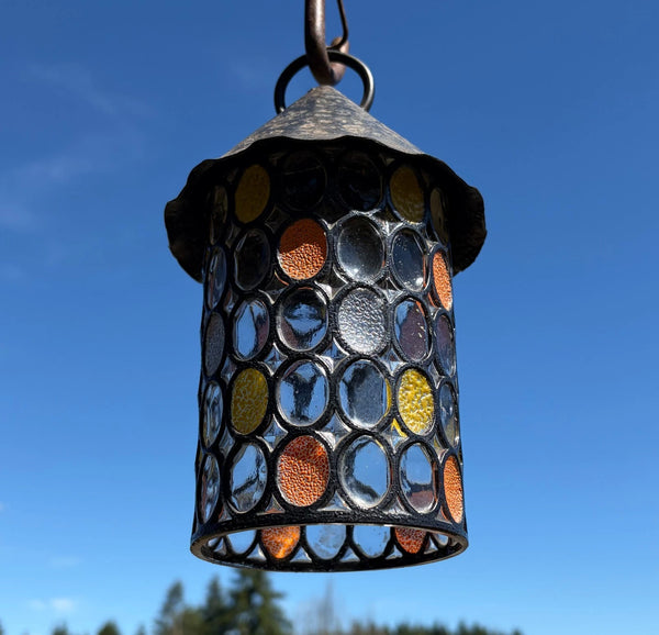 9" Tall Vintage French Iron and Stained Glass Hanging Chandelier/Pendant Lamp