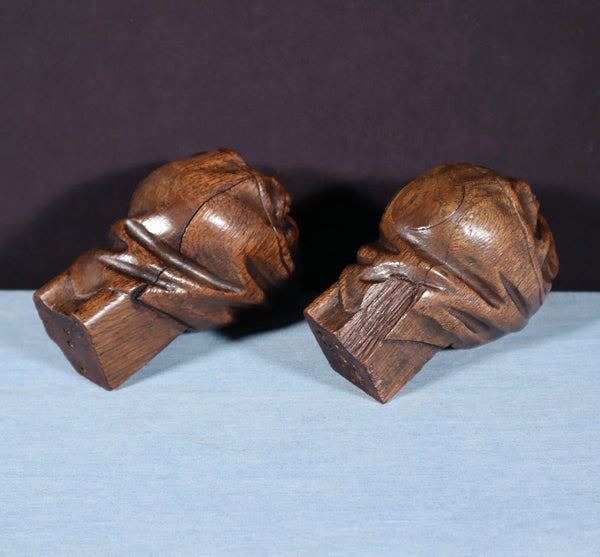 Pair of 4" Tall French Antique Highly Carved Heads in Solid Oak Wood Trim Pieces