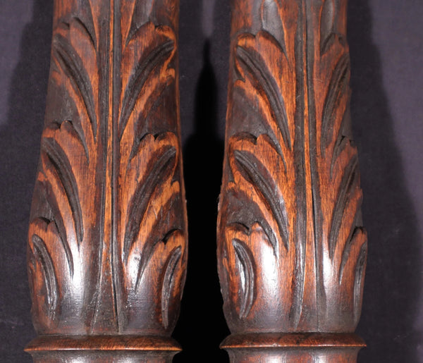 Pair of 27" Vintage French Solid Oak Wood Gothic Posts/Pillars/Columns