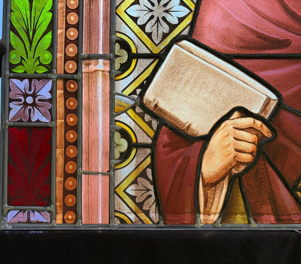 38" Wide Antique Stained/Leaded Glass Panel of Saint Highly Detailed