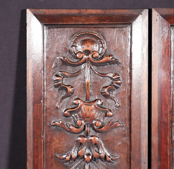 21" Tall Pair of Antique French Solid Walnut Wood Highly Carved Panels