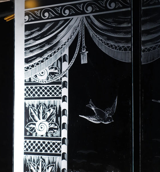 48" Tall Pair of Antique French Etched Glass Windows Frosted Glass with Birds