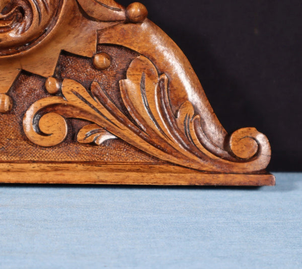 9" Wide French Antique Solid Walnut Wood Highly Carved Crest w/Jester