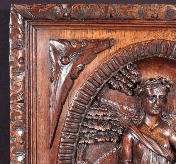 24" Tall Antique French Solid Oak Panel Highly Carved Harvest Theme w/Woman