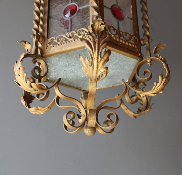36" Tall XL French Antique Iron and Stained Glass Hanging Chandelier/Lamp