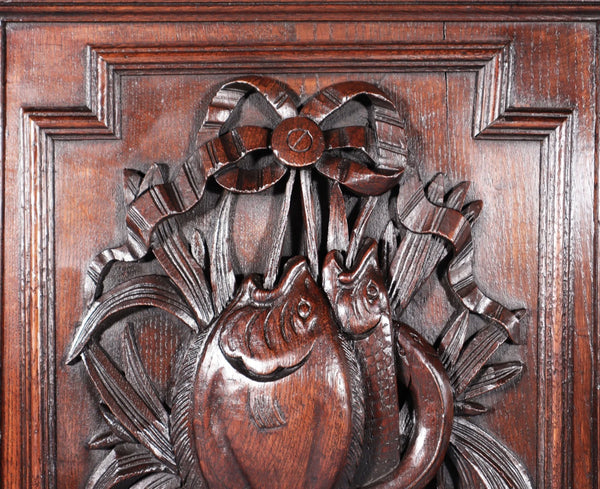 24" Tall French Antique Solid Oak Panel Highly Carved Hunting Theme with Fish