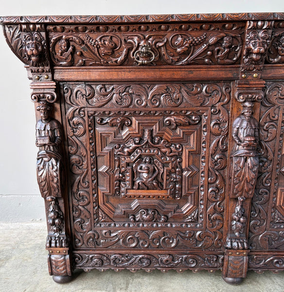 1700's Antique French Renaissance Sideboard in Solid Wood Oak Highly Carved