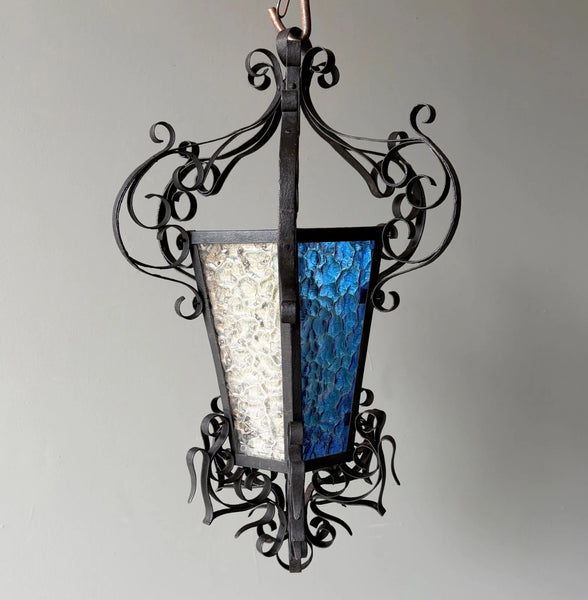 25" Tall French Antique Iron and Stained Glass Hanging Chandelier/Pendant Lamp