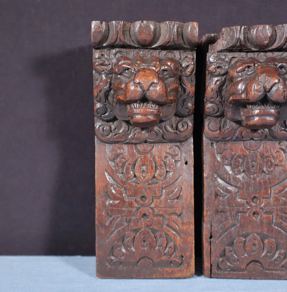 Pair of 8" French Antique Highly Carved Lion Corbels/Trim/Brackets Solid Oak