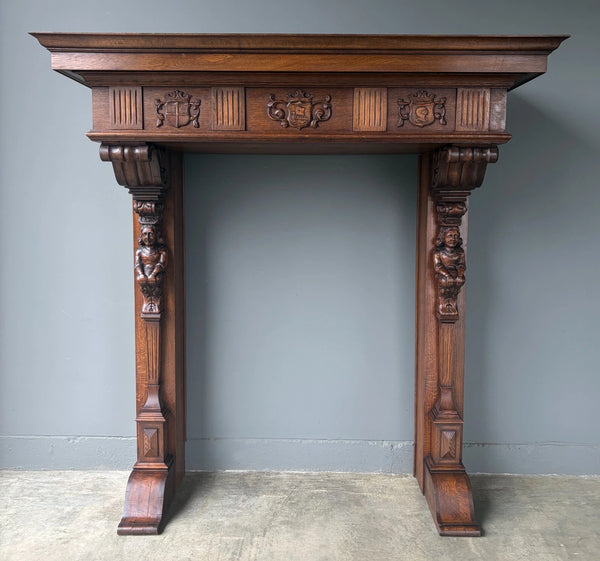82" Large Vintage Renaissance Revival Oak Fireplace Surround/Mantel w/Figures