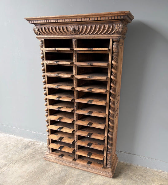 77" Tall Antique French Apothecary Cabinet Solid Oak Carved with Compartments
