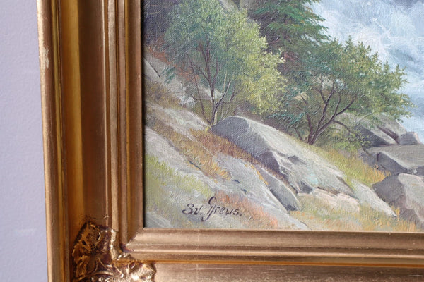 Framed Antique Oil/Canvas Painting of a Waterfall/Rapids Gilt Frame Svend Drews