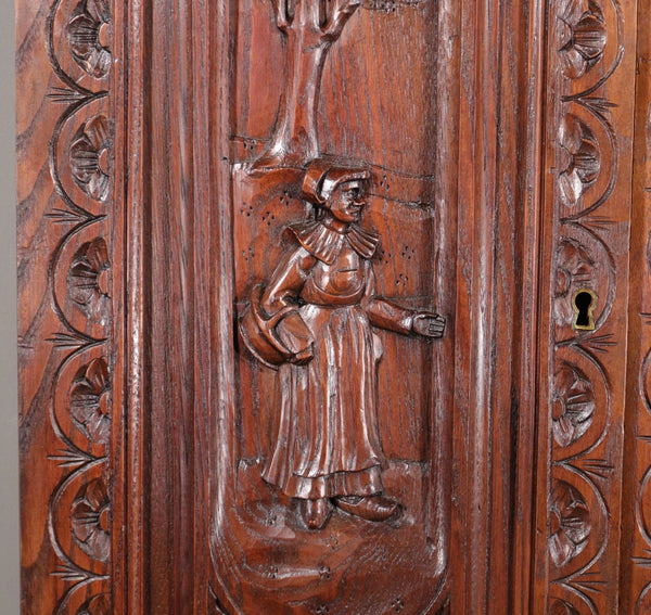 63" Tall Pair of French Antique Doors Carved Breton Panels Solid Chestnut Wood