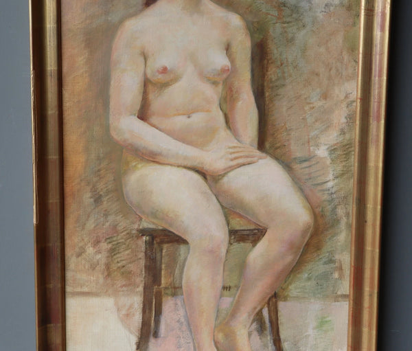 Large Framed Vintage Oil on Canvas Painting of a Nude Woman