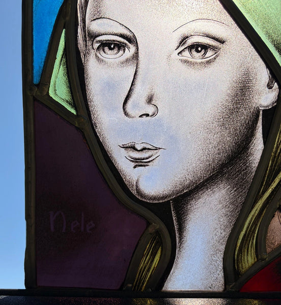 12" Tall Vintage Belgian/Flanders Stained/Leaded Glass Panel of Nele