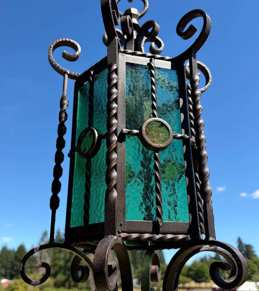 20" Tall Vintage French Iron and Stained Glass Hanging Chandelier/Pendant Lamp
