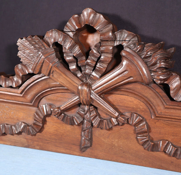 46" Wide Antique French Solid Walnut Wood Louis XVI Highly Carved Detailed Crest
