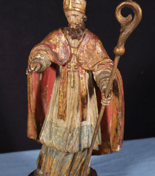 12" Antique Carved/Painted Pine Wood Statue/Sculpture St. Nicholas Late 1800's