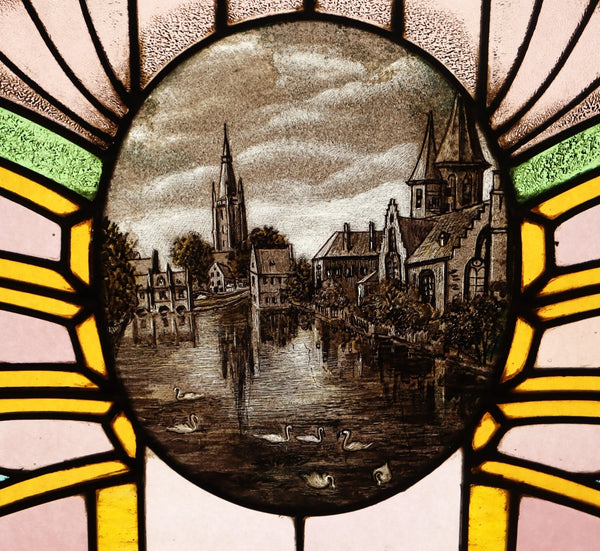 36" Wide Antique French Art Deco Stained Glass Panel of Bruges w/Copper Frame