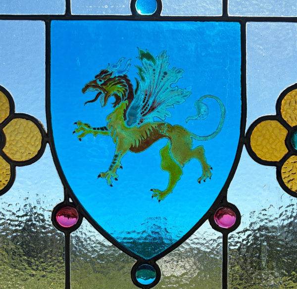 38" Tall Antique French Stained/Leaded Glass Panel w/Griffin and Uranium Glass