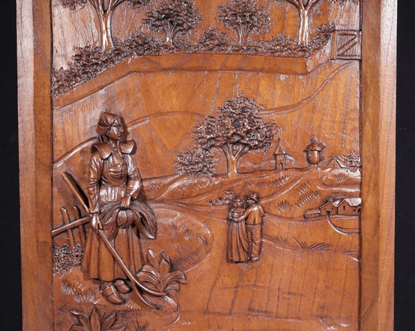 25" Tall Antique French Highly Carved Breton Panel in Solid Chestnut Wood