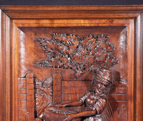 Antique French Solid Walnut Wood Highly Carved Panel w/Woman Feeding Chickens