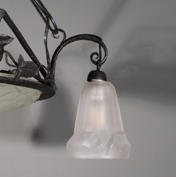 Antique French Art Deco Chandelier with Frosted Glass and Iron Signed by Degué