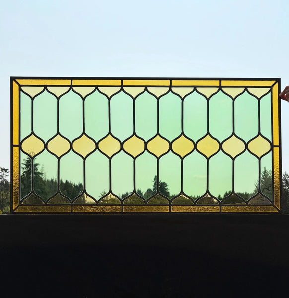 45" Wide French Antique Stained Glass Window Panel with Green & Yellow Glass