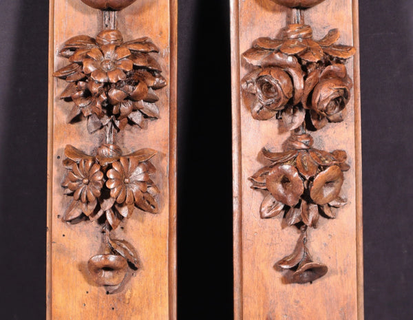 16" Pair of French Antique Solid Walnut Wood Highly Carved Posts with Flowers