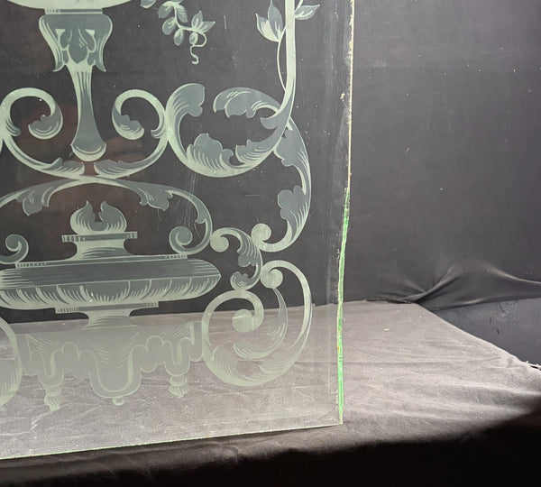 47" Tall Pair of Antique French Etched Beveled Glass Windows Frosted Glass