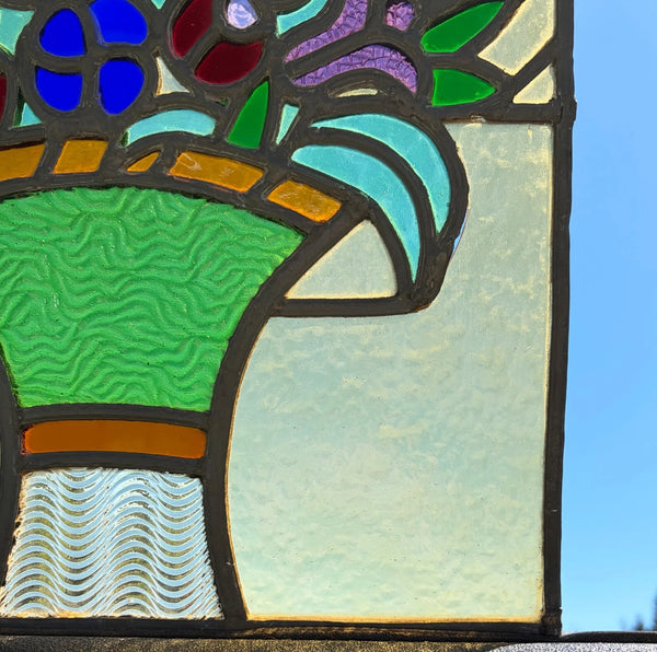 15" Tall Antique French Art Deco Stained/Leaded Glass Panel of Flowers