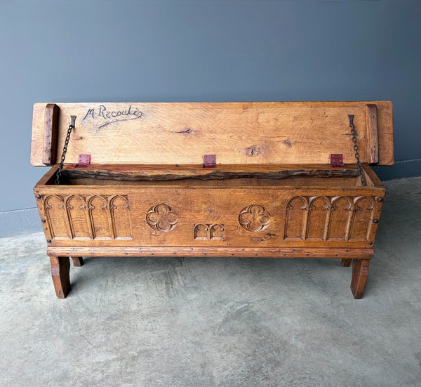 Antique French Gothic Revival Solid Oak Wood Storage Bench/Settee/Chair Rustic