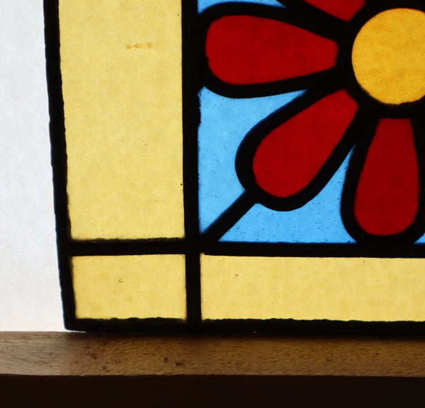 9" Tall Antique French Stained Glass Panel with Flower Leaded Glass