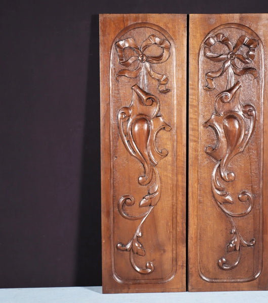 Pair of French Antique Solid Walnut Highly Carved Panels with Intricate Designs
