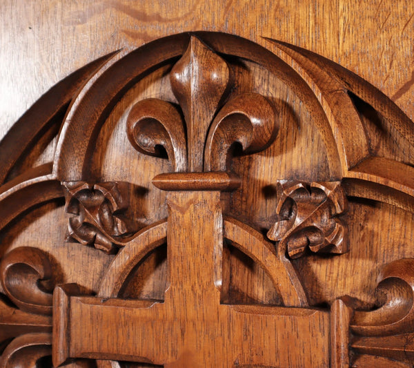 Antique French Gothic Revival Panel Carved Solid Oak Wood Salvage Christian